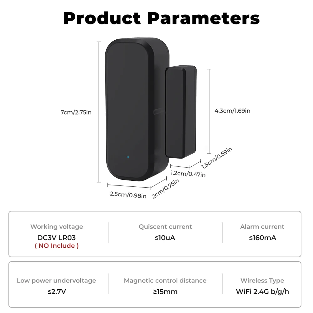 Tuya WiFi Sensor de Porta, Sensor de Janela, Detector de Porta Sem Fio, APP Vida, Controle Remoto para Alexa, G-oogle