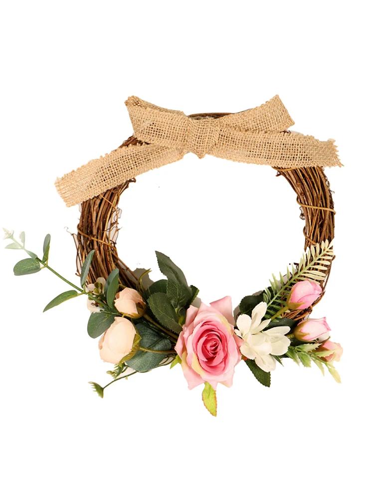 

Burlap Knot Rose Flower Wreath Valentine's Day Wedding Home Camellia Decoration Handmade Rattan Ring