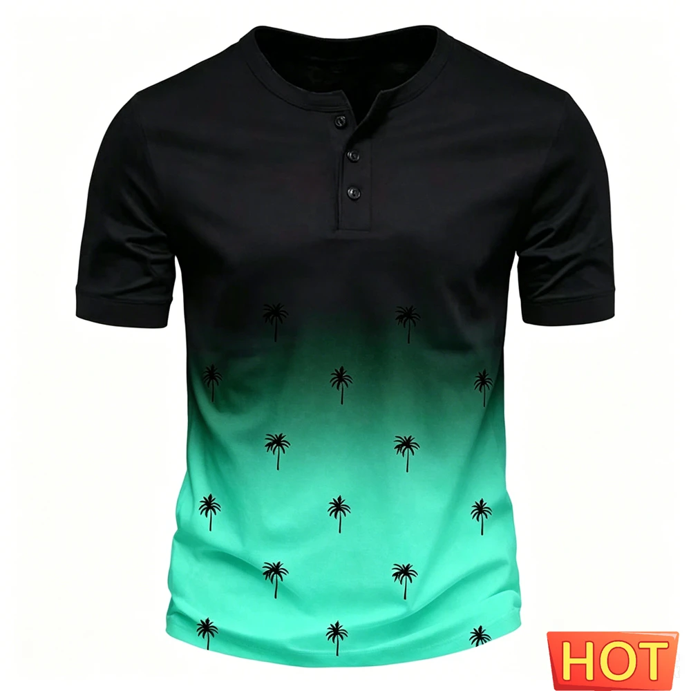 Coconut Tree Pattern Men's Henry T shirt Fashion Henry Collar Short Sleeve Loose Tee Summer Casual Beach Vacation Hawaiian Shirt