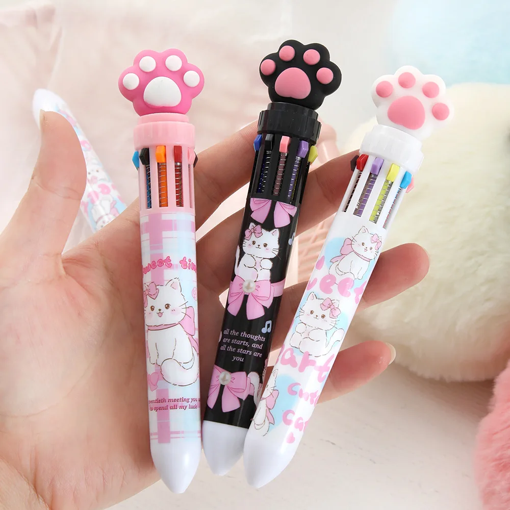 36pcs Sweet Heart Cat Paw 10 Colors Multicolor Ballpoint Pen Aesthetic Pink Ballpoint Pen For Office School Study Stationery