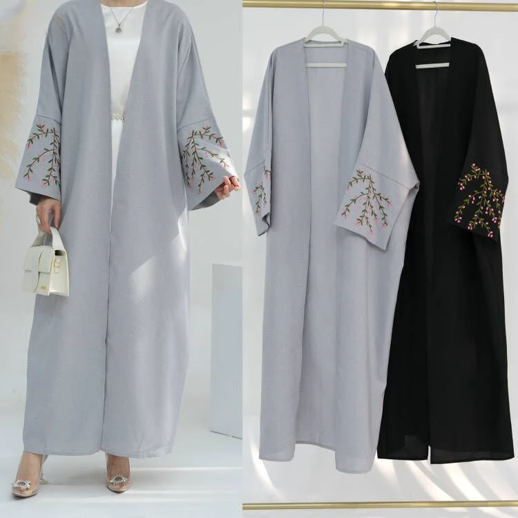 

2024 New Flower Embroidery Open Abaya Dubai Muslim Women Coat Türkiye Elegant Cardigan Gown Arabic Modest Dress Islam Clothing