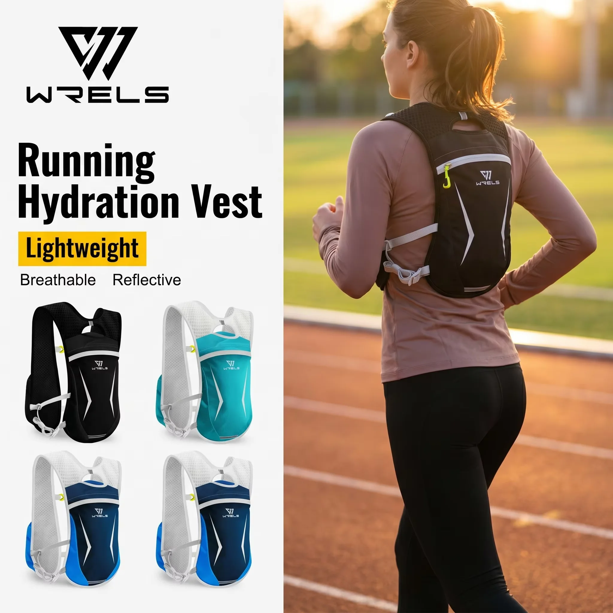 WRELS Running Hydration Vest Lightweight Breathable Reflective Hydration Pack Mesh Adjustable Men Women Trail Marathon Vest