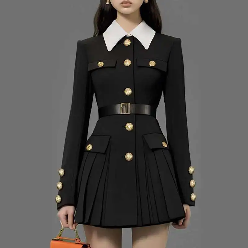 

Luxury Quality 2025 Spring Autumn Single Breasted Golden Button Long Full Sleeve Blazer Suit Coat Pleated Short Dresses Women
