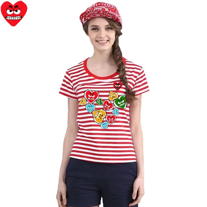 Break Egg-T-shirt rayé en coton pour femme, manches courtes, col rond, imprimé cœur coloré, broderie de dessin animé, rouge, Snag, été