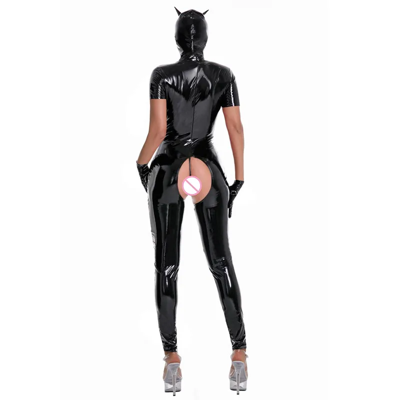 Women Latex Patent Leather Catsuit with Mask PVC Leather Sexy Exposed Nipples Crotchless Sexi Erotic Bodysuit Jumpsuits