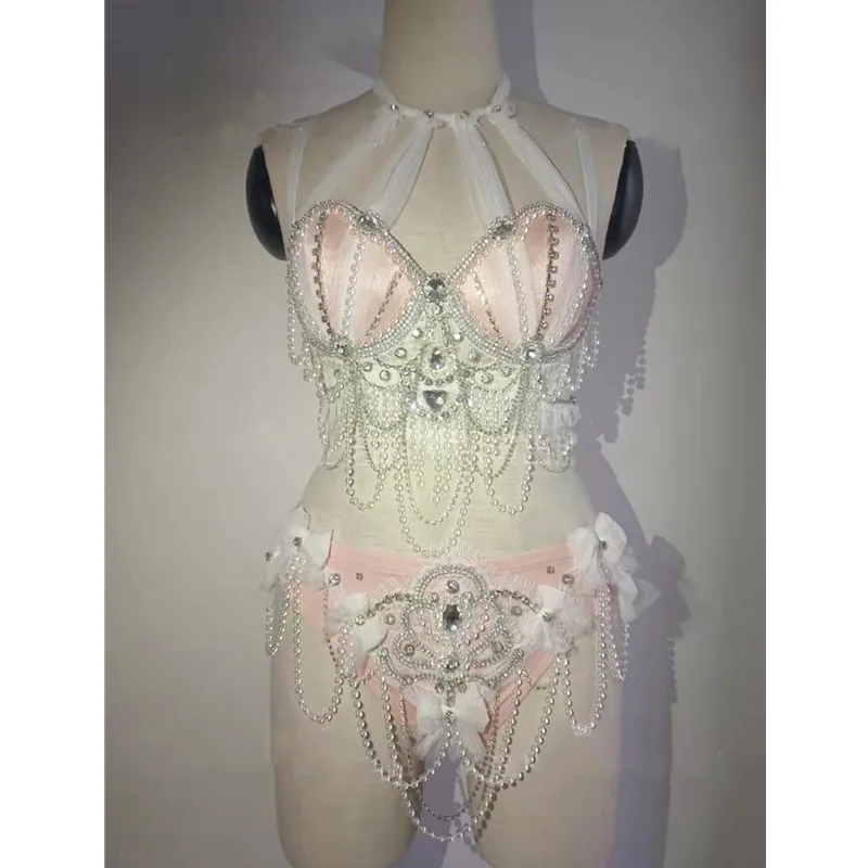 

Sexy Nightclub Bar Dance Costume Beadings Rhinestones Tassel Pink Bikini Set Women Festival Rave Outfits Performance Stage Wear