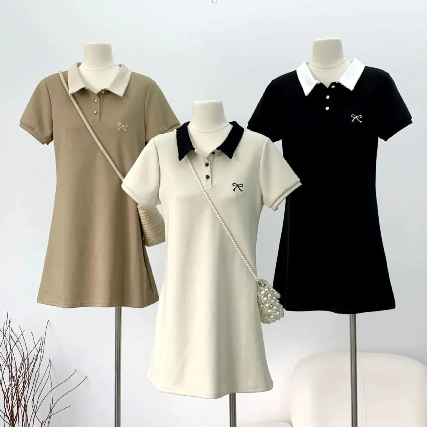 Bow embroidered polo collar dress European 2024 summer casual contrast color t-shirt dress trendy women