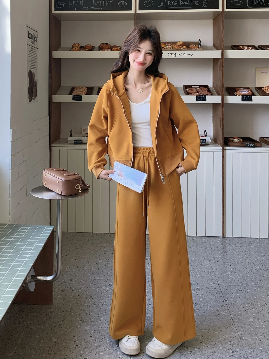 

Khaki Korean Style Hoodie Pants Set Women's Spring Autumn New Loose Casual Sports Wear Two Piece Set High Waist Long Pants
