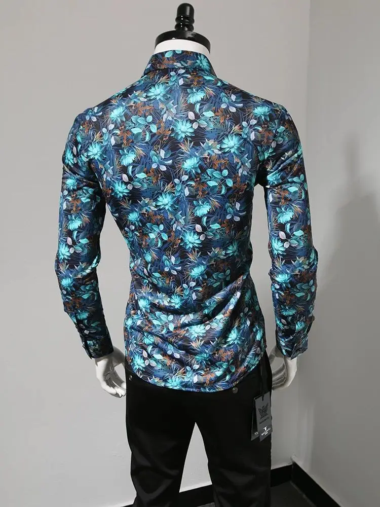 Men Slim Fit Printed Long Sleeve Shirt Vintage Floral Stylish Top