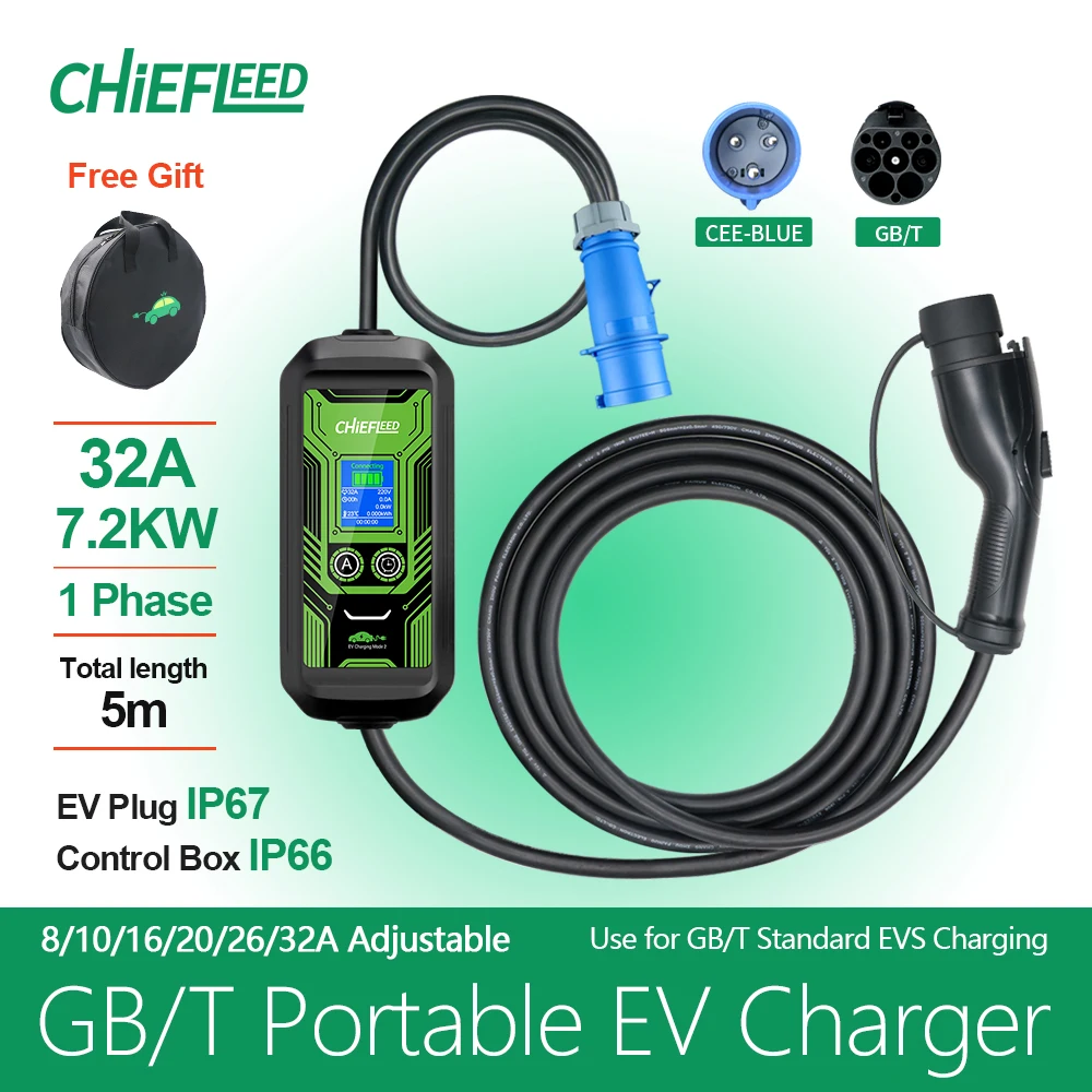 

Chiefleed New Style GBT EV Charger 16A 3.6kw 11kw 32A 7.2kw Schuko CEE Power Plug 5m Long 220V~250V Big Display Screen IP67