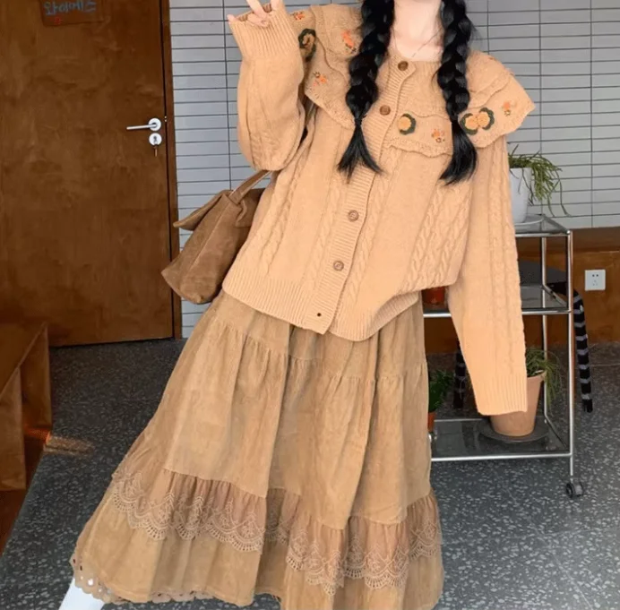 كبيرة الحجم النساء الخريف موضة تنوعا الرجعية المطرزة سترة سترة عالية الخصر ألف خط فضفاض الكورية الحد من العمر تنورة