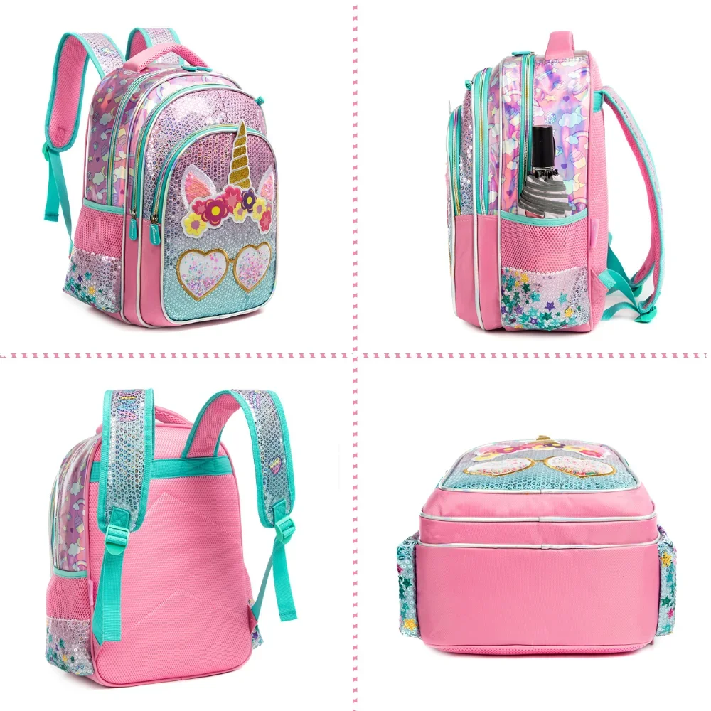 Gsequins 3 Piece Set School Bags for Girls  Unicorn Pink Sequins Waterproof  Kids Backpack School Bags Shoulder Kawaii Backpack