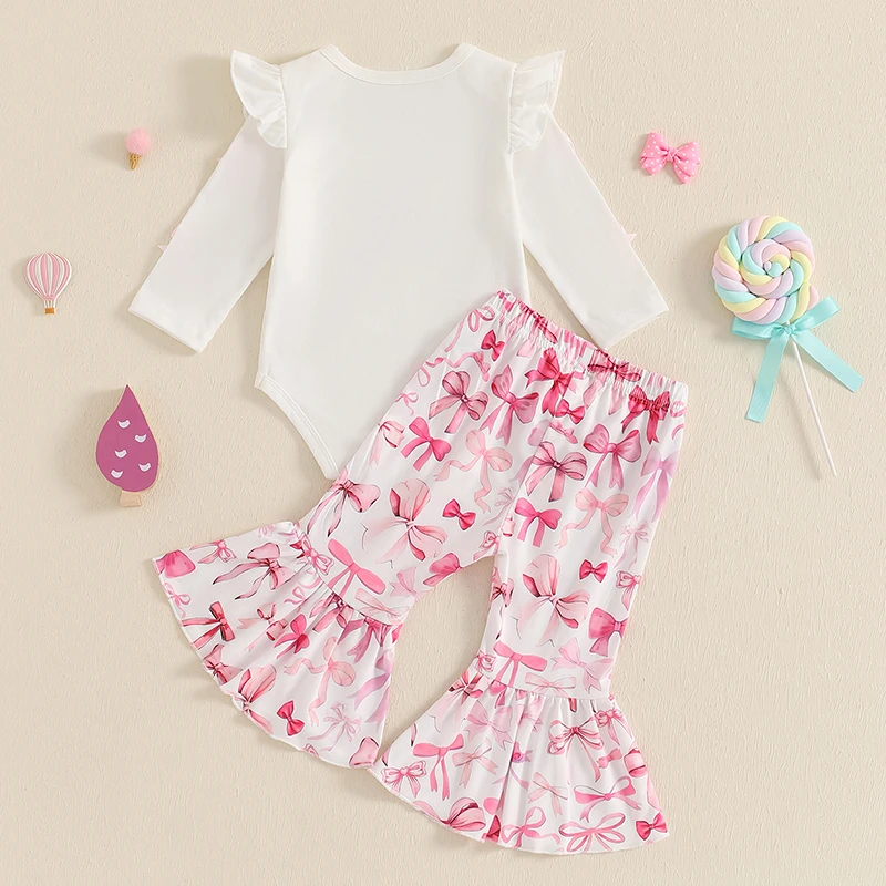 0-18months Baby Girls 2-piece Outfit Bowknot Long Sleeve Crew Neck Romper with Elastic Waist Flare Pants Fall Clothes