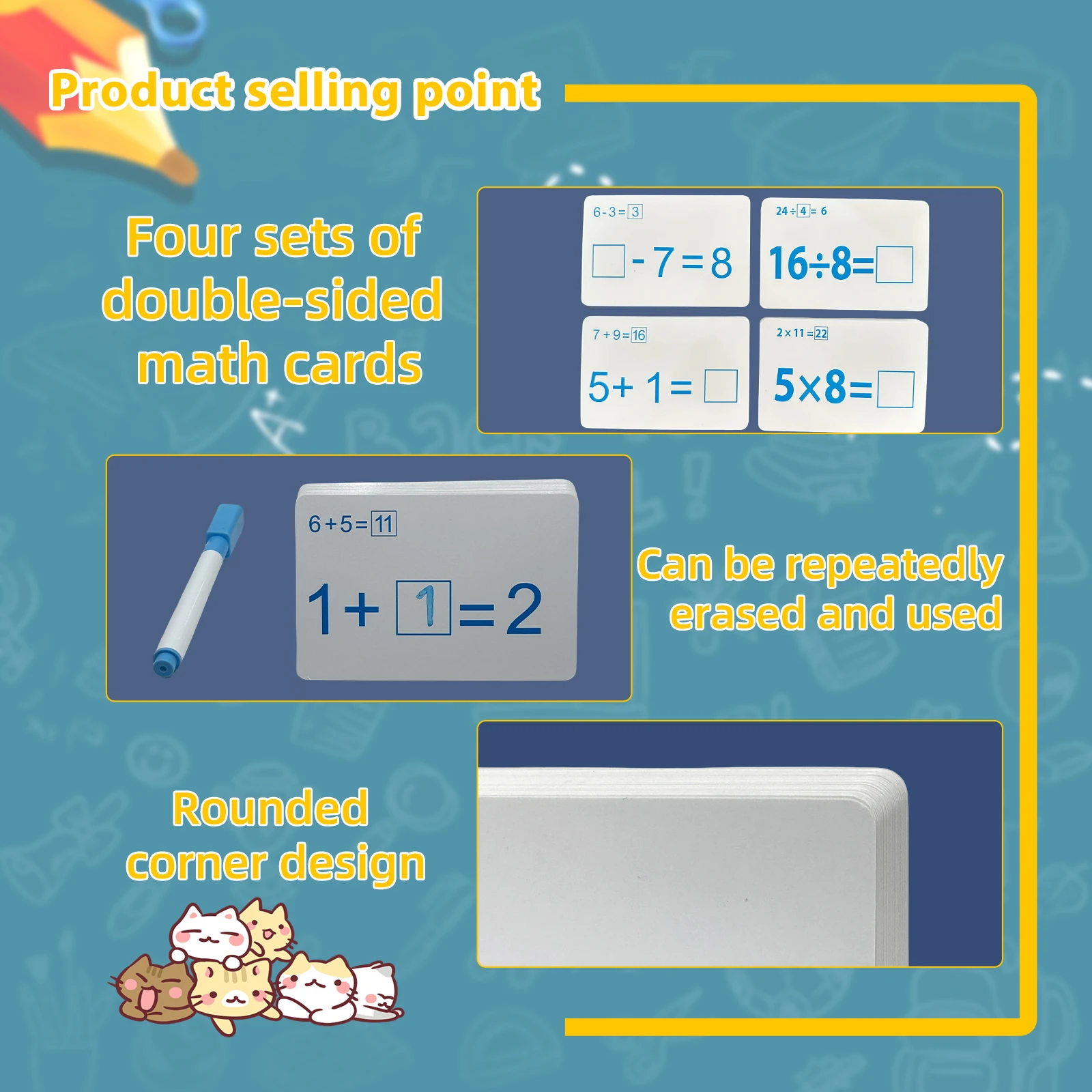 Cartes flash d'apprentissage des mathématiques pour enfants, stylo effaçable inclus, cartes dos, addition, soustraction, multiplication, division, 5-10 ans