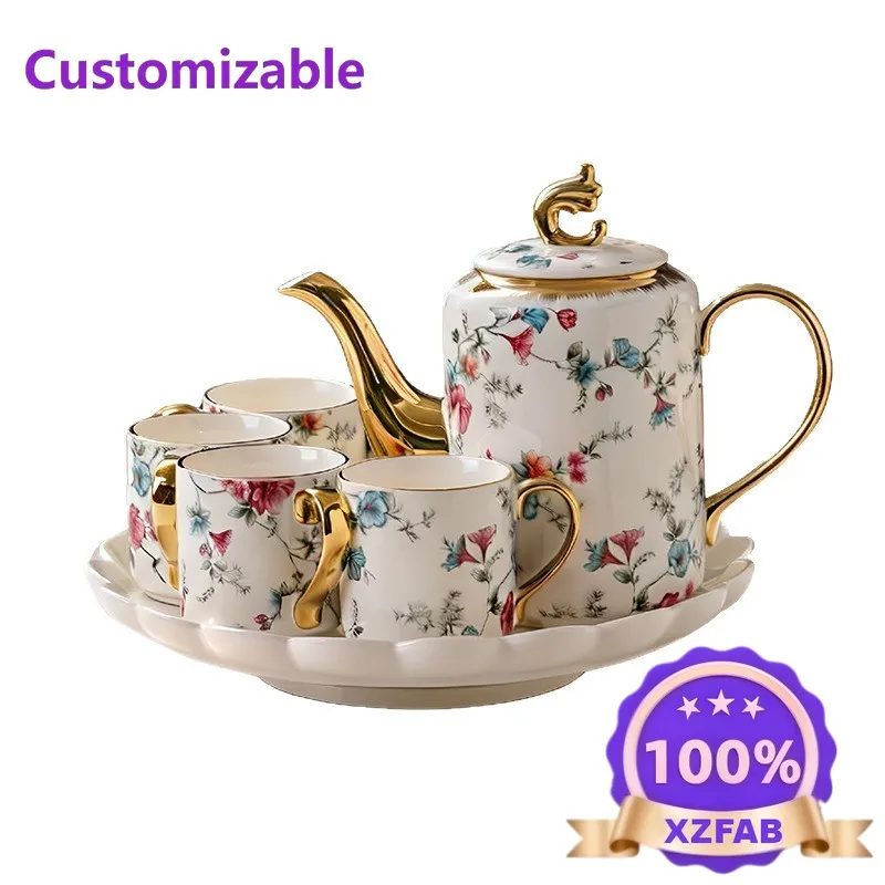 Factory Direct 2026 French retro electroplated gold-painted ceramic tea set retro and elegant 1 pot 6 cups gift box