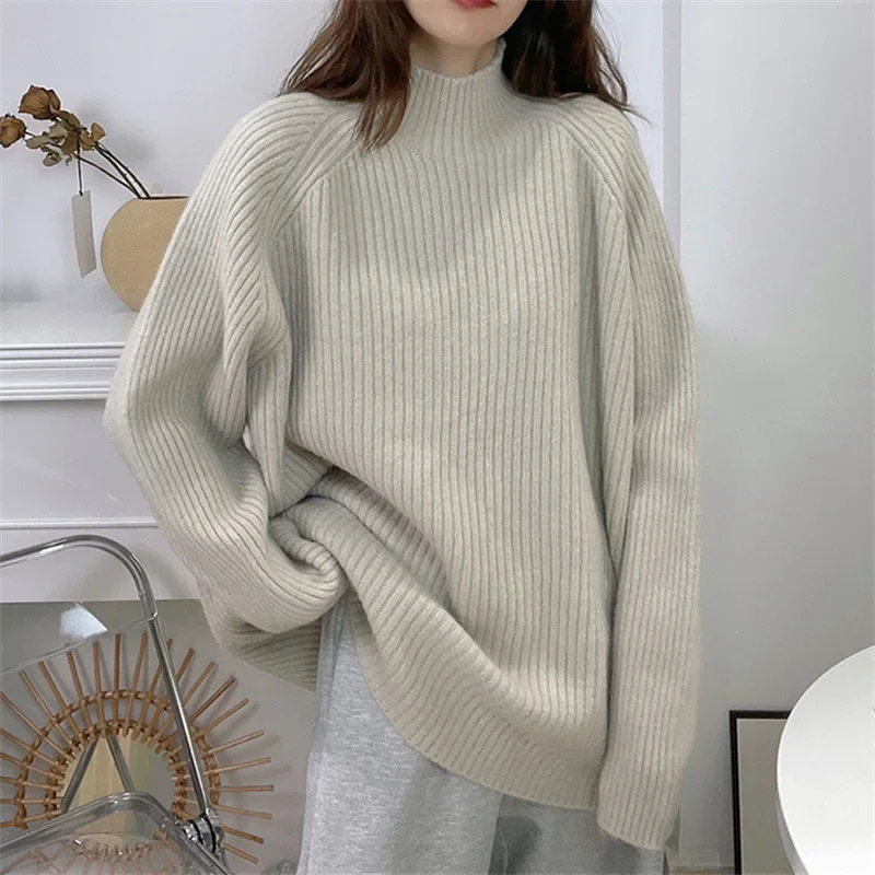 Women Knit Sweaters Full Sleeve Turtleneck Loose Pullover Jumpers Casual Solid Sweater Splice Elegant Ladies Autumn Winter