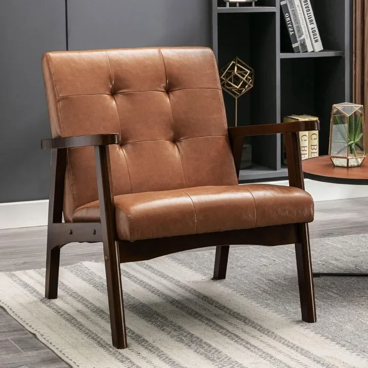 Brown Mid Century Modern Accent Chair for Living Room Set of 2, Upholstered Faux Leather Armchair Comfy Retro Bedroom Side