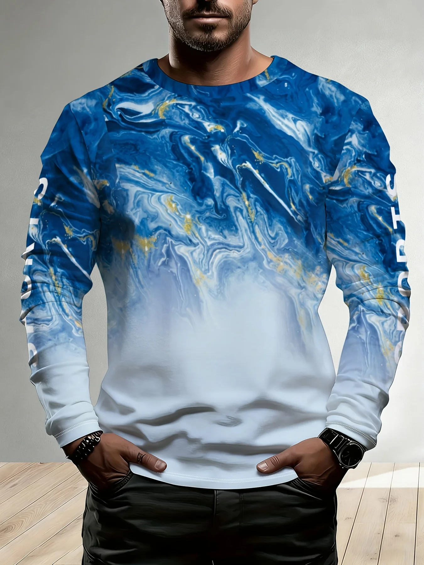 New Men’s Long-Sleeve T-Shirt – Blue and White Gradient Marble-Texture Print – Stylish, Trendy, and Perfect for Everyday Wear