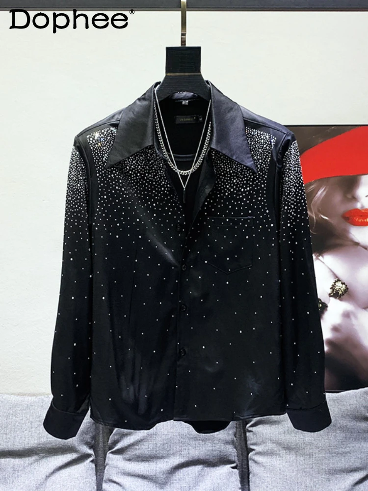 

Fashion Solid Color Chic New Shirts Men's Starry Rhinestone Personality Tops Loose Casual Trendy Male Long Sleeve Handsome Shirt