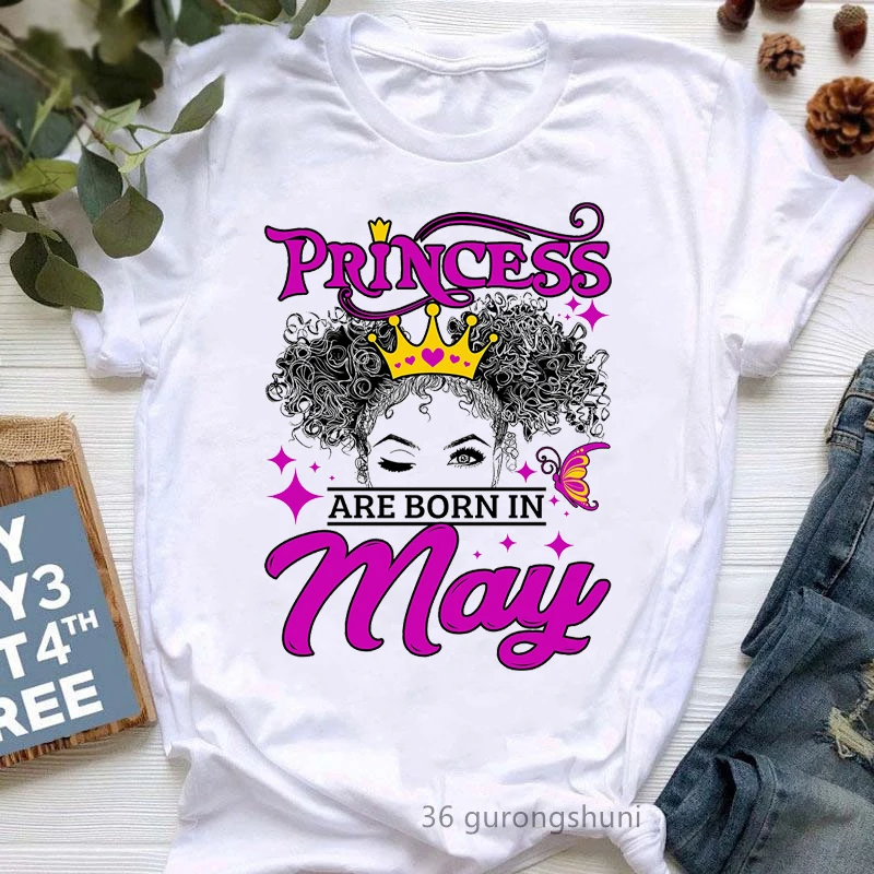 Princess Are Born In January To December Print T-Shirt For Girls Birthday Gift Crown Tshirt Women Harajuku Kawaii Clothes Tops