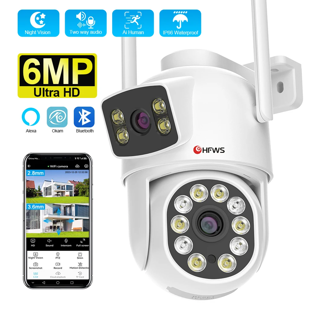 Wifi security camera 6MP 2lens 4X Digital Zoom IP Camera AI Auto TrackingHome Surveillance Cameras indoor  Outdoor wifi came