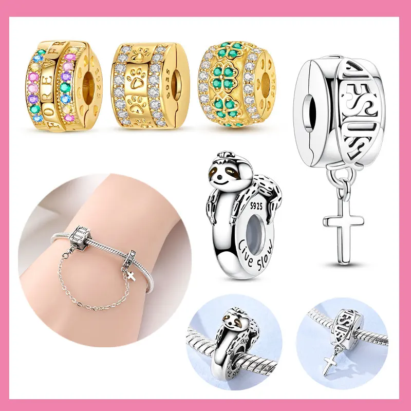 

Golden Colorful Fixing Clip Beads Bible Jesus Fish,Cross Bracelet Fit 925 Silver Women's Necklace DIY Charm Jewelry Gift