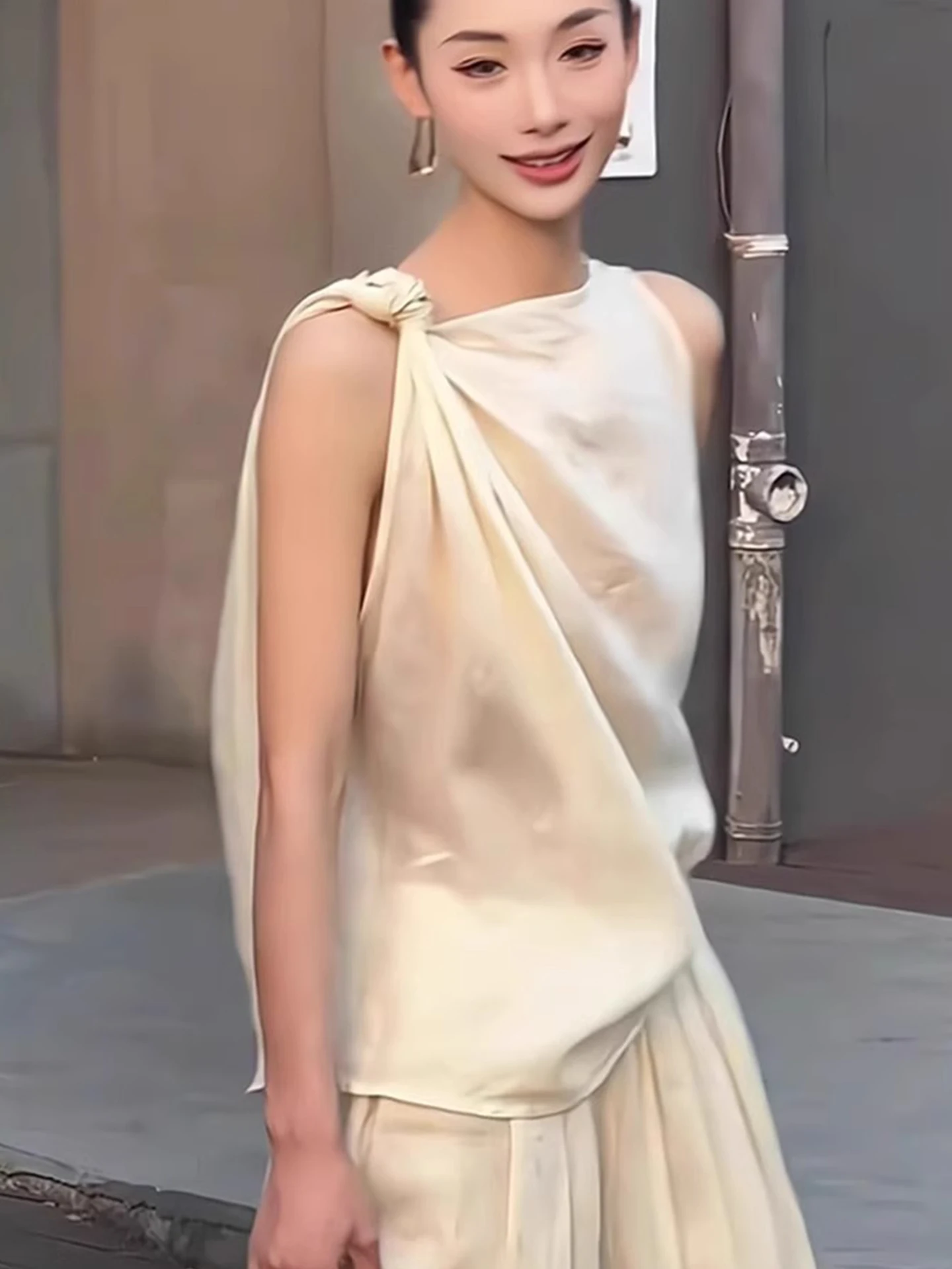 Ele Color Vest Raso di seta Svel Design faionable da donna Top estivo Nodo Colore puro Coreano Sle Taglio dritto