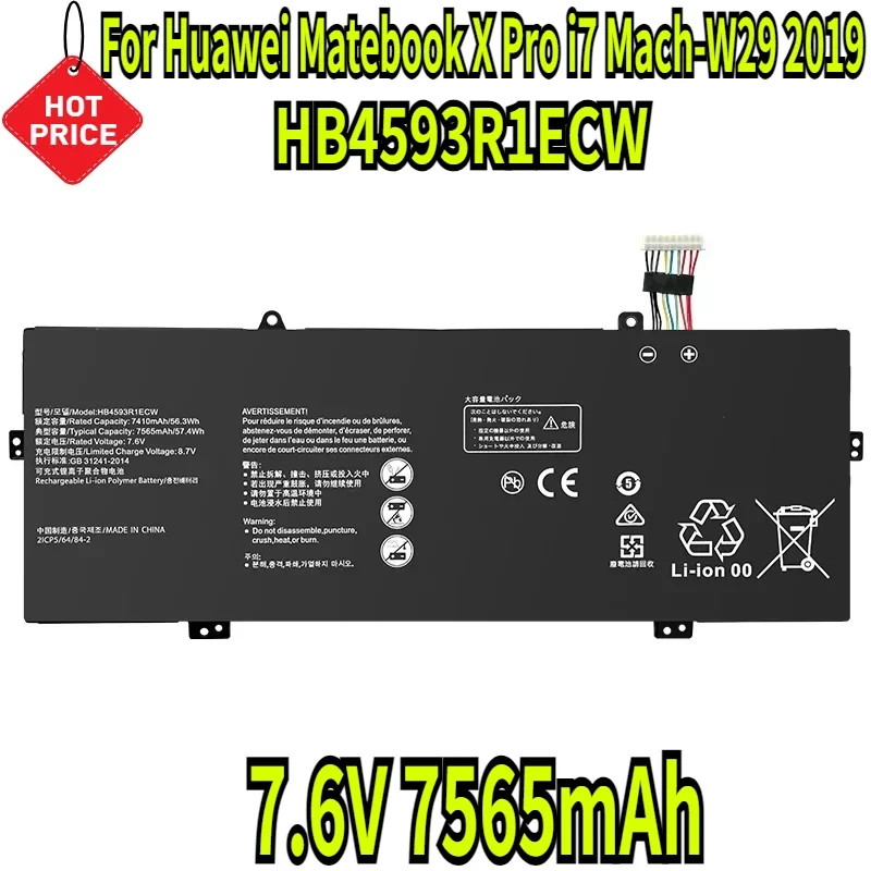 

7.6V 7565mAh HB4593R1ECW Laptop Battery for Huawei Matebook X Pro i7 Mach-W29 2019 MACH-W19B MACH-W29C KPL-W00 KLV-W19 VLT-W60