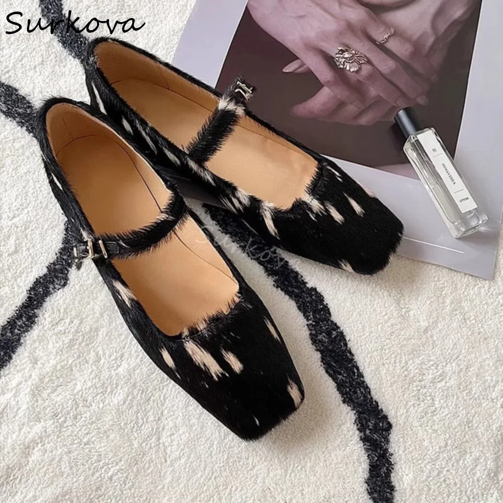 Retro Fur Shallow Pumps Women Square Toe Chunky Heel One Word Belt Mixed Colors Mary Jane Shoes 2025 New Elegant Ladies Shoes