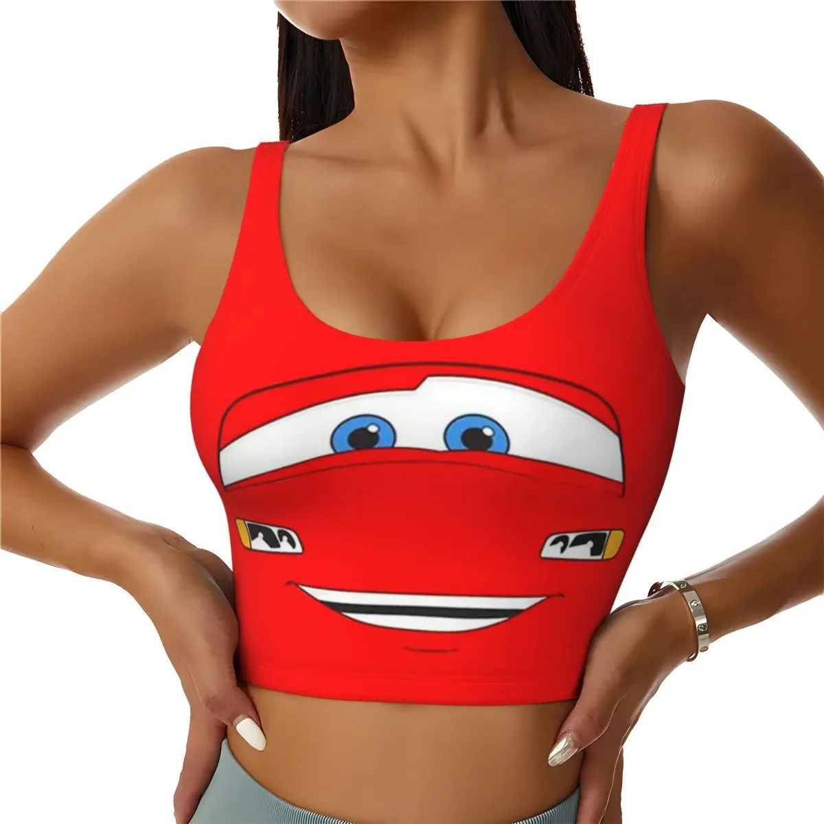 Custom Happy Cars Lightning McQueen Sports Bra for Women Cartoon High Impact Workout Yoga Crop Top