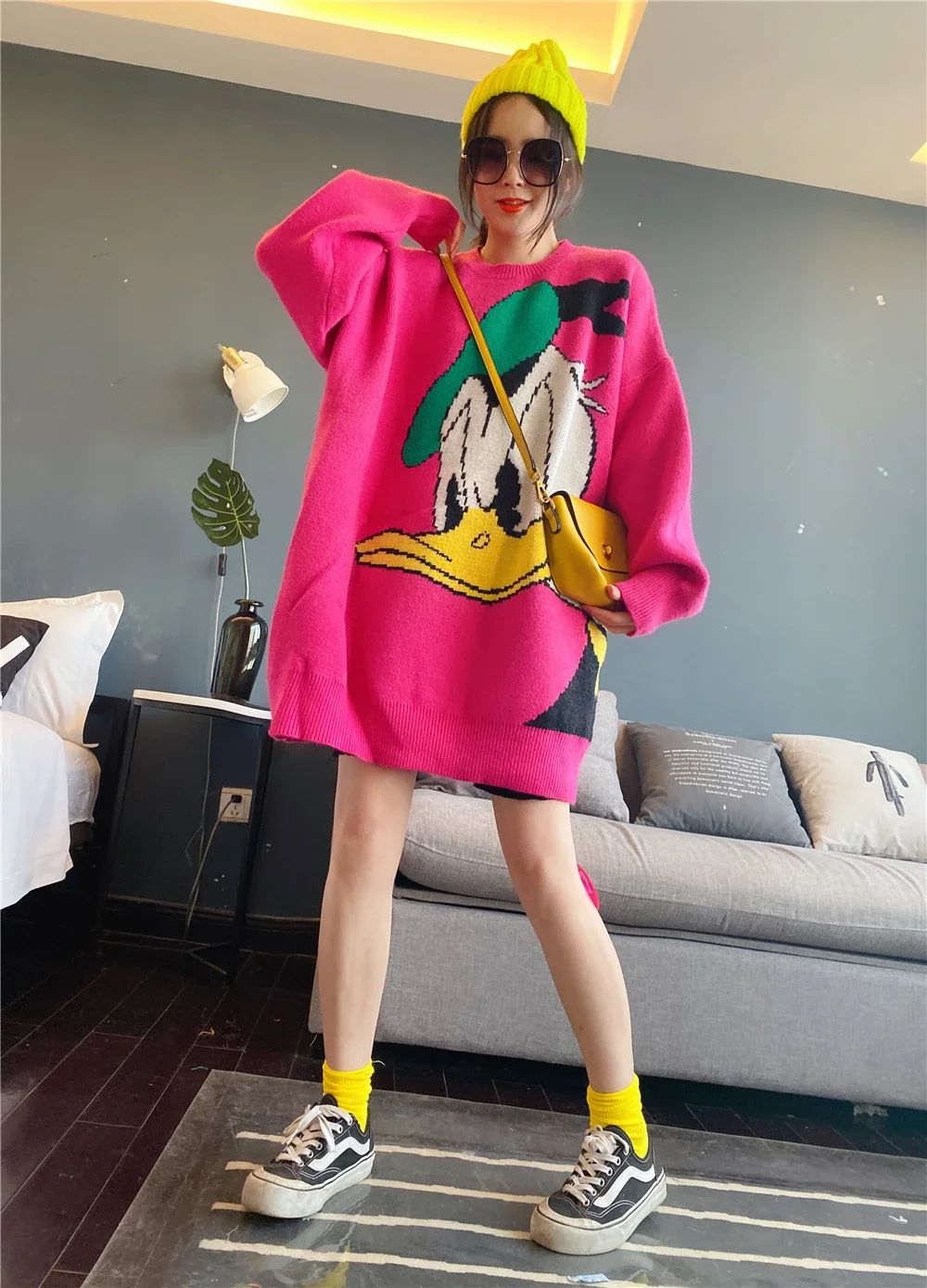 Suéter de longitud media con patrón de dibujos animados para mujer, abrigo grueso suelto de estilo coreano, mantiene el calor, nueva moda de otoño e