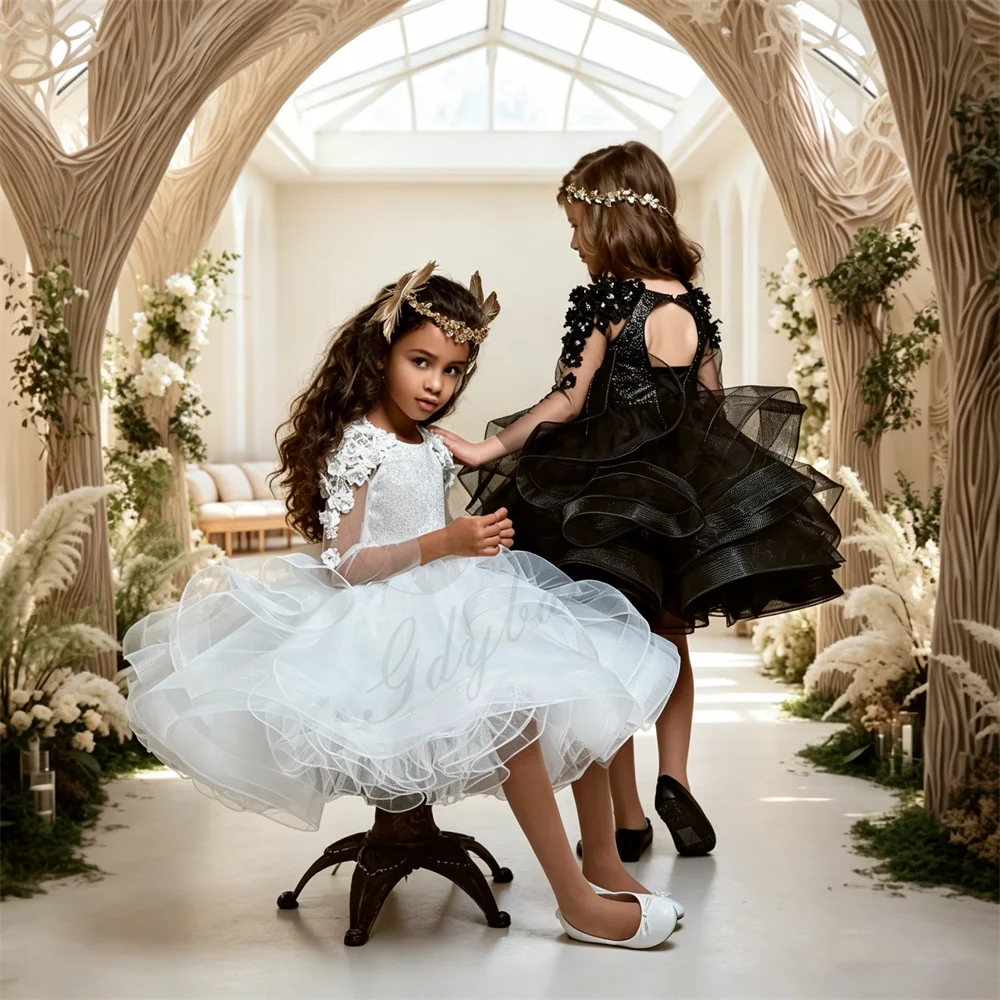 

Black Transparent Long-Sleeve Ruffle Flower Girl Dress Knee-Length For Girl's First Communion Birthday Dress