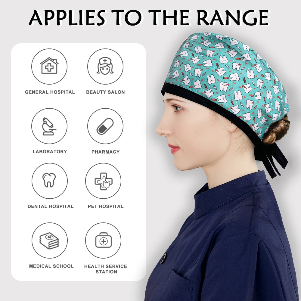 High Quality Printed Fabric Scrub Uniform Pediatric Nursing Nurse Hat Wholesale Cotton Medical Cap Women Dentist Working Hat Men