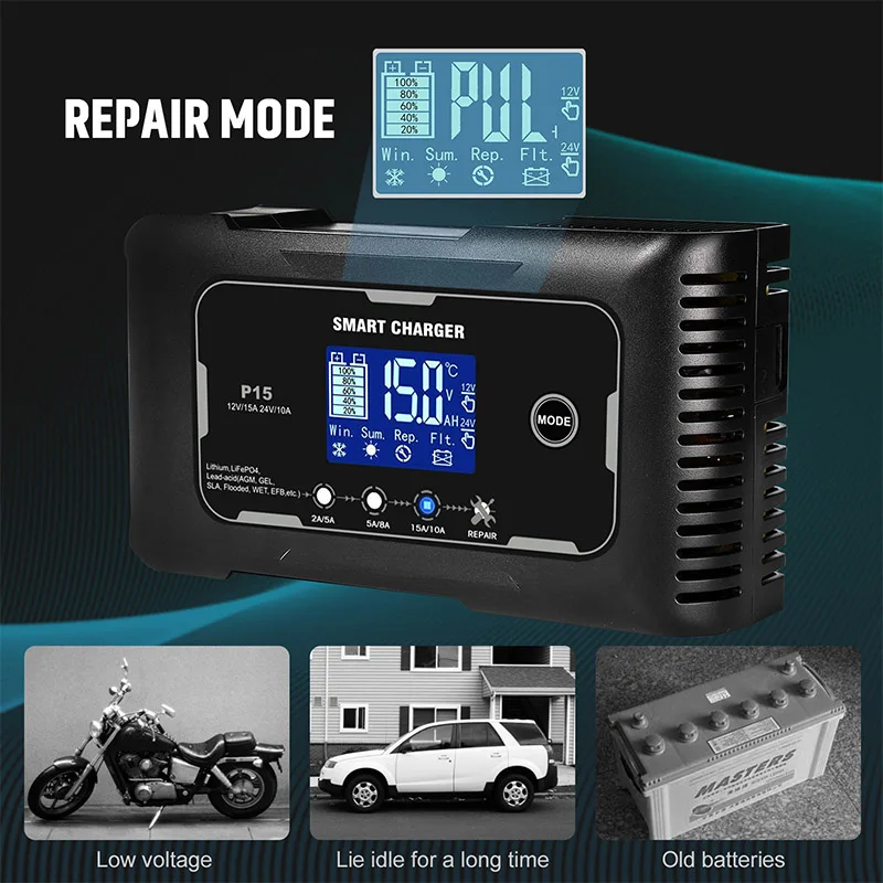 15A/20A Smart Battery Charger LCD Automatic Pulse Repair Charge for Car Motorcycle Battery Charger Lead-Acid Lithium Battery