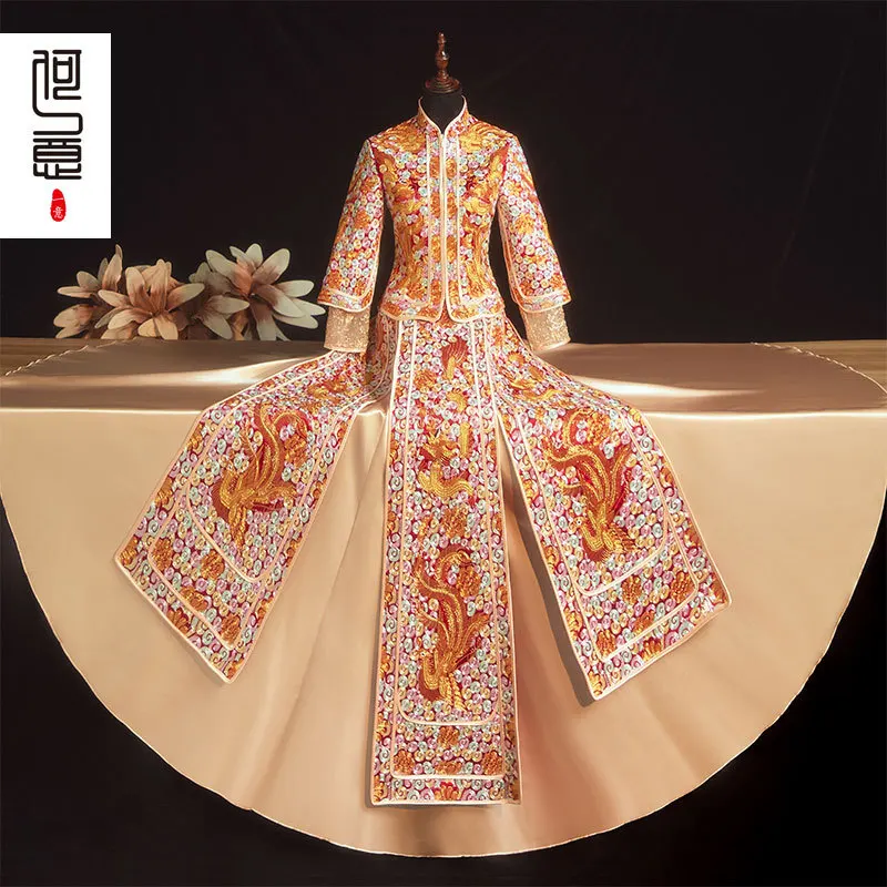 

Bride Asian Phoenix Embroidery Party Gown Traditional Costume Chinese Style Wedding Dress Ceremony Toast Clothing