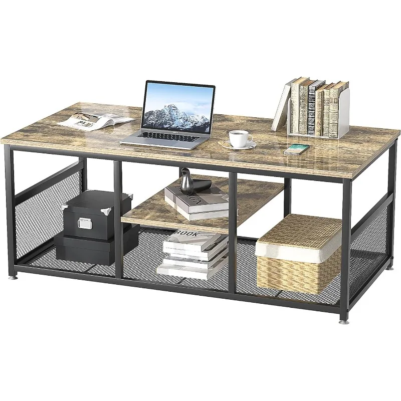 

Coffee Center Table with Storage for Living Room Office Reception, Modern & Industrial Mesh Shelf, 39.4 Inch