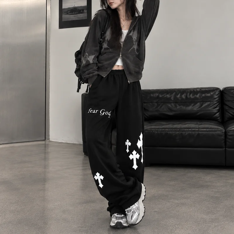 All Season Women Y2K Vintage Punk Cross Graphic Print Elastic High Waist Relaxed Fit Pants Casual Daily Wear