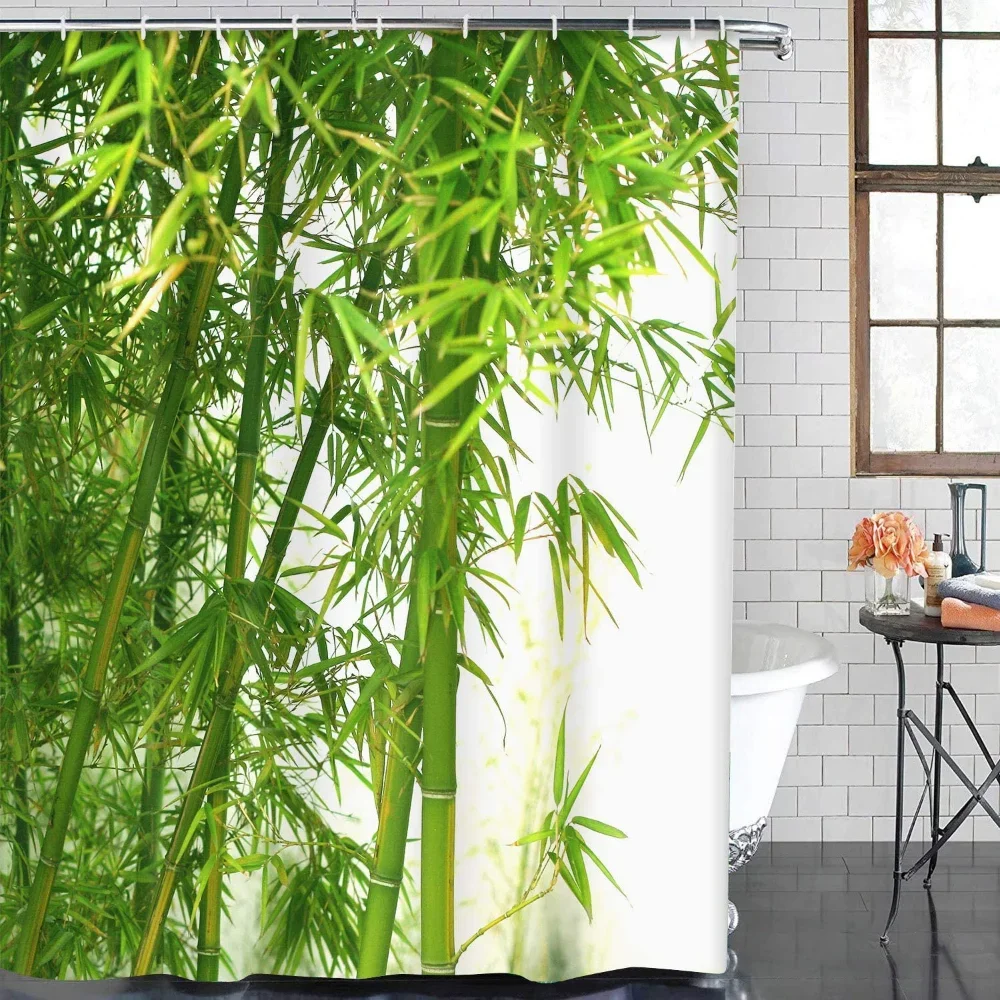 Green Bamboo Shower Curtain Set Branch Plant Leaf Nature Scenery Wall Cloth Home Decor Bathroom Curtains Polyester Fabric Hooks