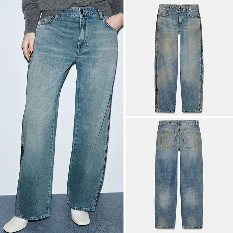 

Fashionable Casual Zipper Denim Pants Mid-Waist Simple Match All Winter New Arrival Women's Clothing Ethnic Stage Costume