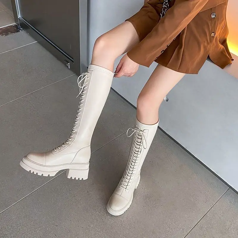 Shoes for Woman Footwear with Laces New Rock Long Women\'s Boots Black Winter Knee High Shaft White Lace-up Waterproof Cosplay In