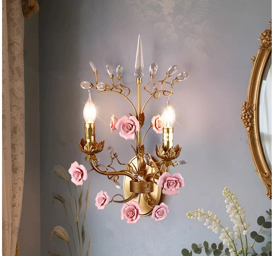 Ceramic Floral Rose Wall Lamps W32cm H55cm Double Head Wall Light for Living Room Home Indoor Lighting Wall Sconces Bedroom Lamp
