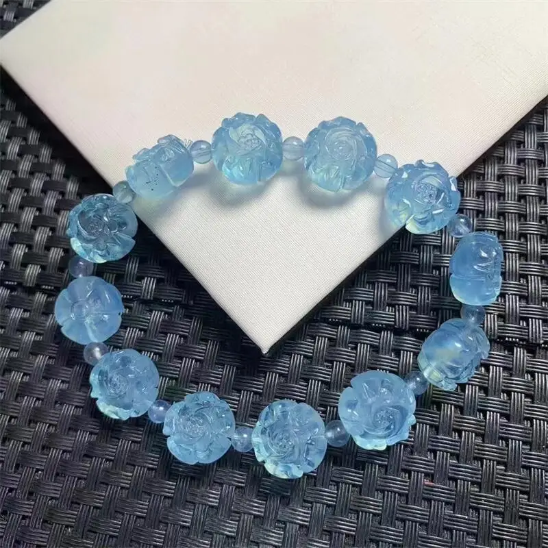 Natural Aquamarine Peony Bracelet Fashion Crystal Quartz Gemstone Jewelry Reiki Healing Gift For Women 1pcs