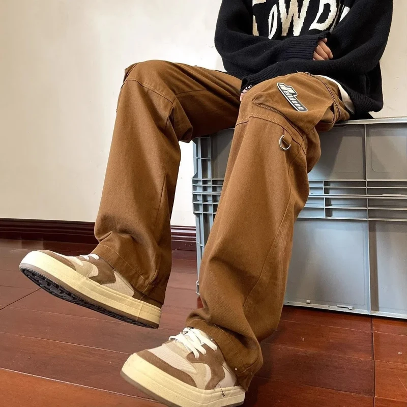Spring Autumn New Fashion Solid Color Trousers Men's Clothing Loose Elastic Waist Drawstring Pockets Trend Casual Cargo Pants