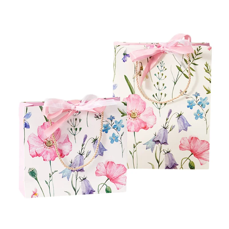كيس ورقي محمول من الستوباج ، كيس خبز ، كيس هدايا من قطعة واحدة لتعبئة وتغليف الهدايا للعام الجديد بمقبض رسم زيتي بشريط ، زهرة 5 * #5
