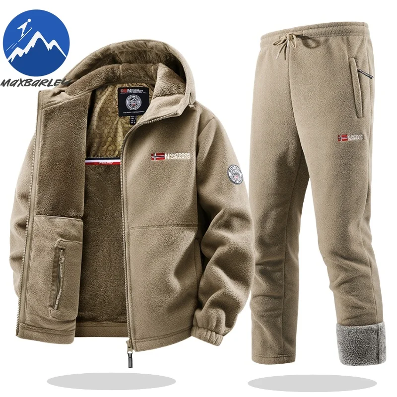 

COMXZ Winter Sportswear Set Mens Retro Training Thick Fleece Jacket + Pants Two Piece Set Casual Ski Running Tracksuit Suit