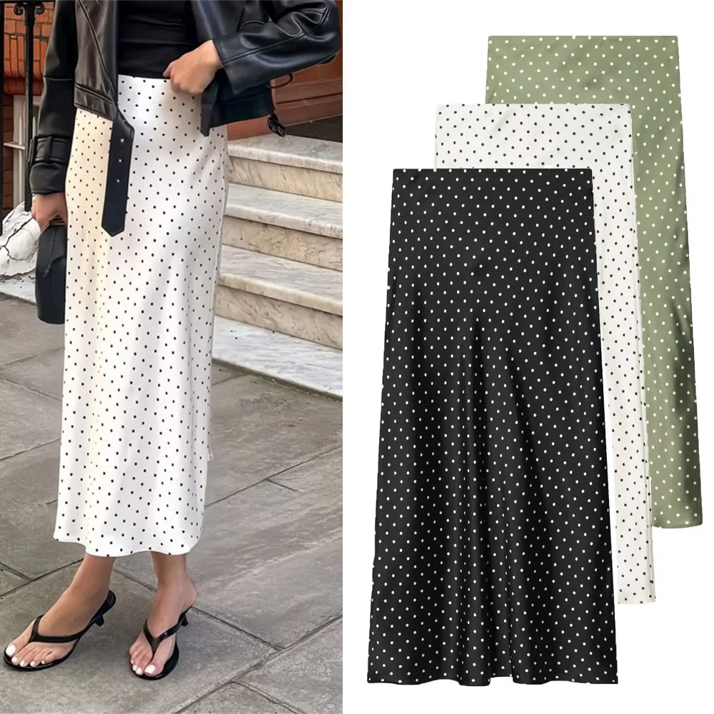 Damen Vintage Polka Dot Bedruckte Sommer Plissierte Satinröcke Frauen Gerader Midirock Hohe Elastische Taille Schicke Outfits Weiblich