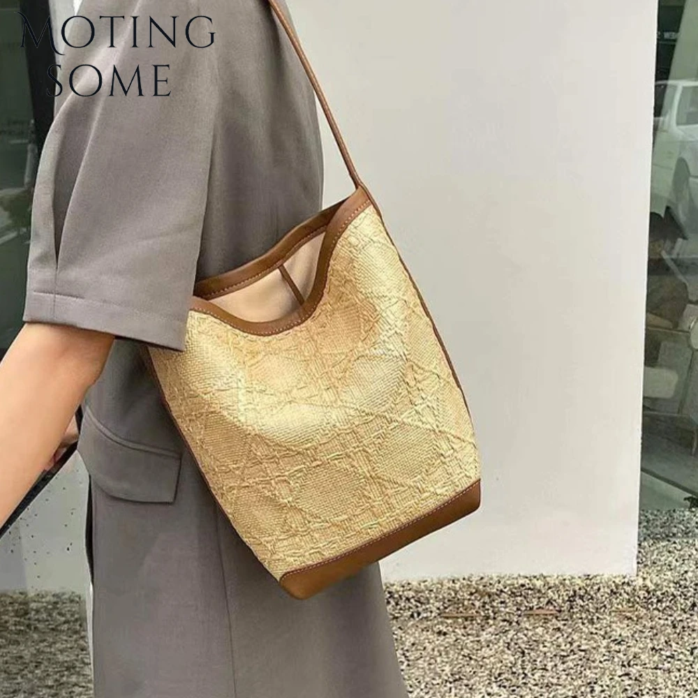 

Motingsome Women New Bucket Bag Summer Bags 2025 New Raffia with Cowhide Tote Bag Vacation Niche Large-capacity Beach Tote