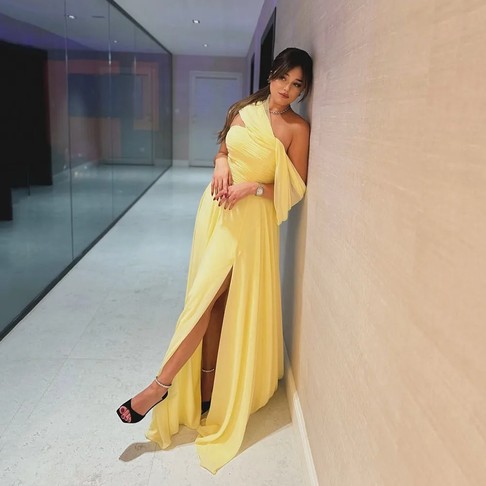 

Msikoods Yellow Evening Dresses Women 2025 Sexy Slit Prom Dress Elegant Chiffon Special Occasion Dress Party Dress Customized