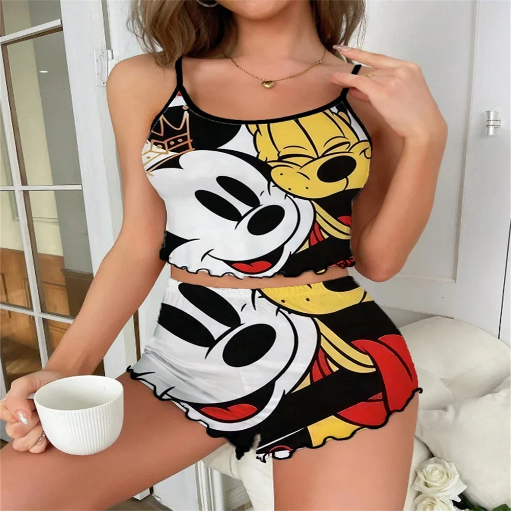 Mickey Pattern Print Nightwear for Women Sexy Fashion Female Two Piece Set Of Sleeping Wear Ruffled Edge Design Women's Pajama