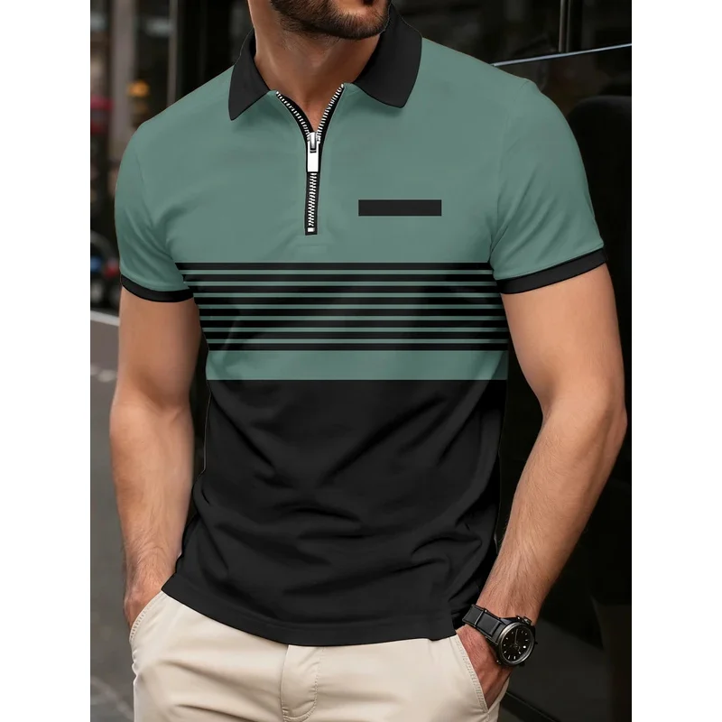 تي شيرت رجالي بأكمام قصيرة، تباين الألوان، طباعة مخططة، جيب بسحاب، موضة الأعمال، فضفاض، قميص بولو الشارع